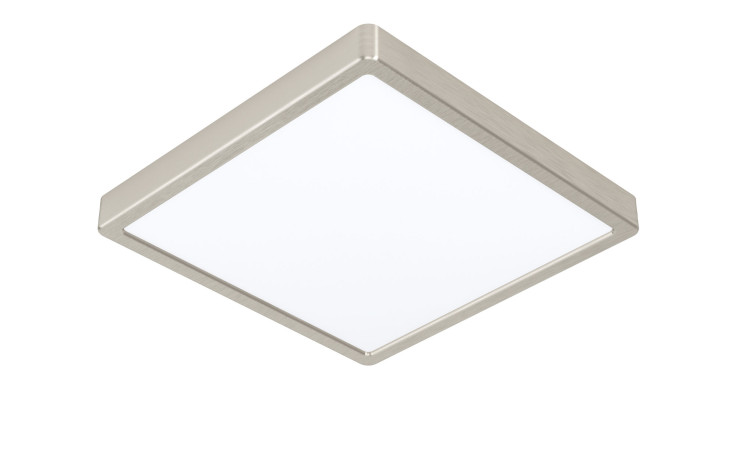 LED-Deckenleuchte Fueva 5 28,5 cm mit silberfarbenem Rahmen und weiß gefrostetem Diffusor, von unten gesehen.