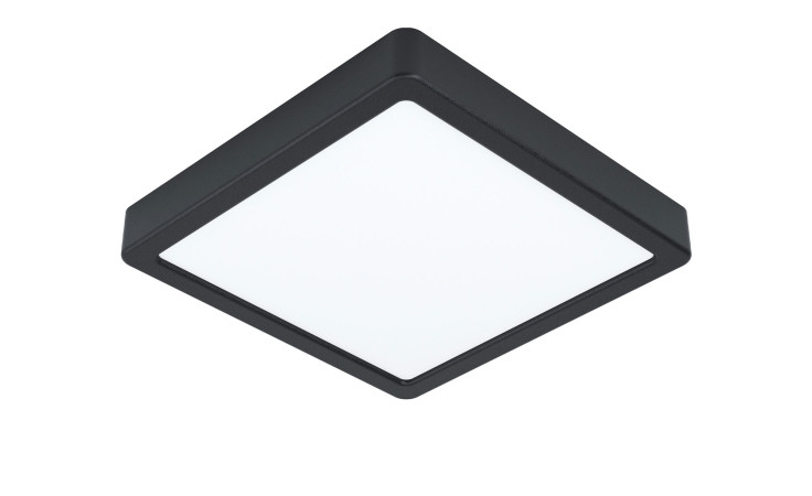 Die LED-Deckenleuchte Fueva 5 21 cm ist eine moderne quadratische schwarze Deckenleuchte mit weiß beleuchtetem Zentrum.