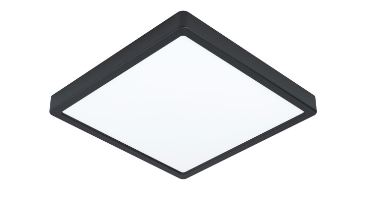 LED-Deckenleuchte Fueva 5 28,5 cm in Schwarz Metall mit Leuchtmittel, von unten vor weißem Hintergrund.