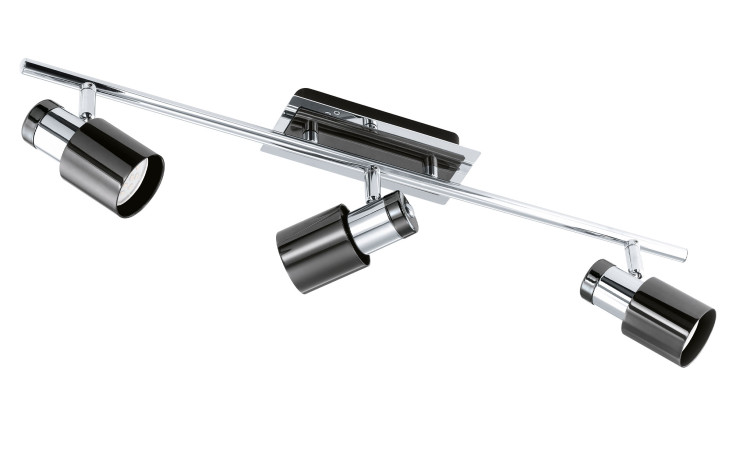 Spot Davida 1 58 cm: Verchromte 3-Licht-Leuchte mit verstellbaren schwarzen Leuchtenköpfen auf einer geraden Stange.