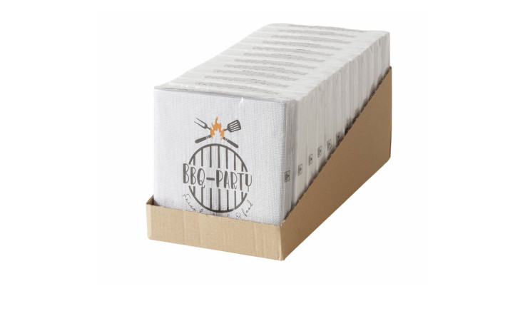 Eine Packung Servietten BBQ Papier, mehrfarbig mit Grillmotiv, gestapelt in einer braunen Kartonschale.