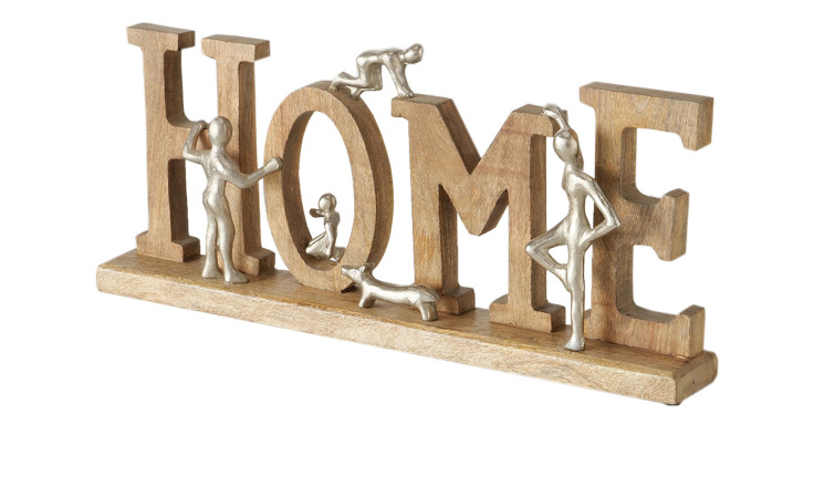 Boltze Deko-Aufsteller Home 26 cm: Holzschild mit silbernen Metallfiguren auf einem Holzsockel.