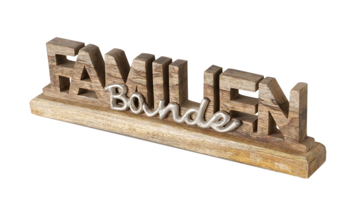 Boltze Deko-Schriftzug Family: holzfarbenes Holzschild mit metallischem "Family"-Schriftzug auf Holzbasis, isoliert auf weiß.