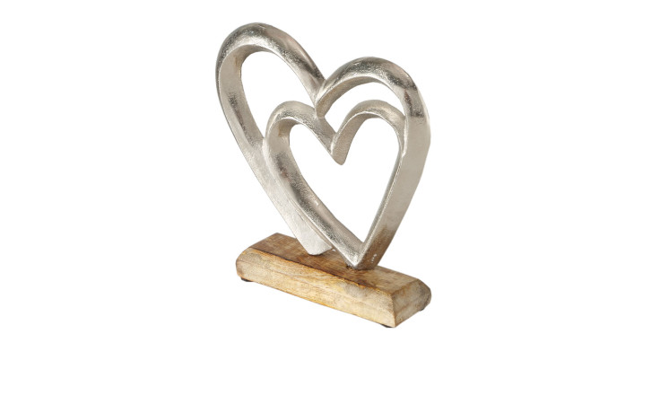 Boltze Dekoobjekt Albasi 20 cm: Silberne Doppelherz-Metallskulptur auf Holzsockel, dargestellt auf weißem Hintergrund.