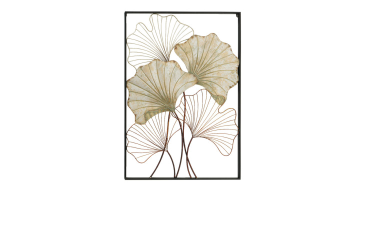 Boltze Wandobjekt Ginkgo: Metallwandobjekt mit Ginkgoblättern in Metall/Antikgold, schwarzer rechteckiger Rahmen.