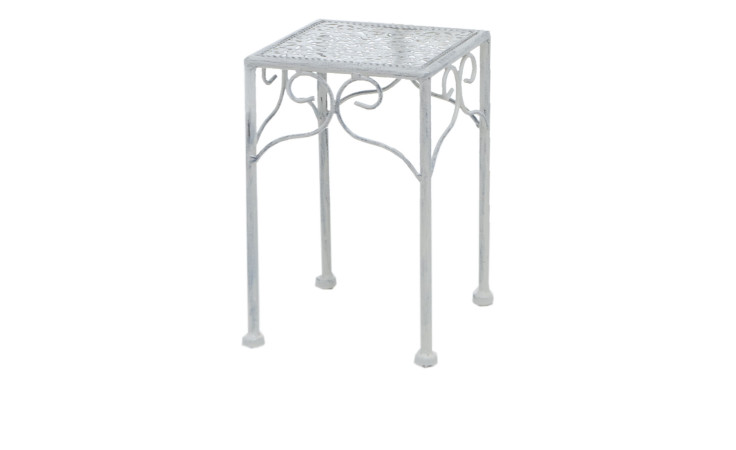Blumentisch Lilli 28 cm von Boltze: ein kleiner, verschnörkelter, hellgrauer Metalltisch mit quadratischer Platte und geschwungenen Stützen.