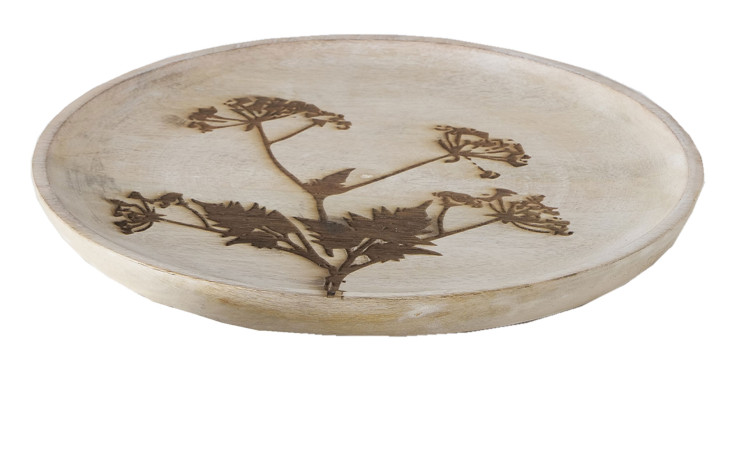 Boltze Teller Larias 30 cm, Mangoholz mit Blumenmuster, holzfarben, auf weißem Hintergrund gezeigt.