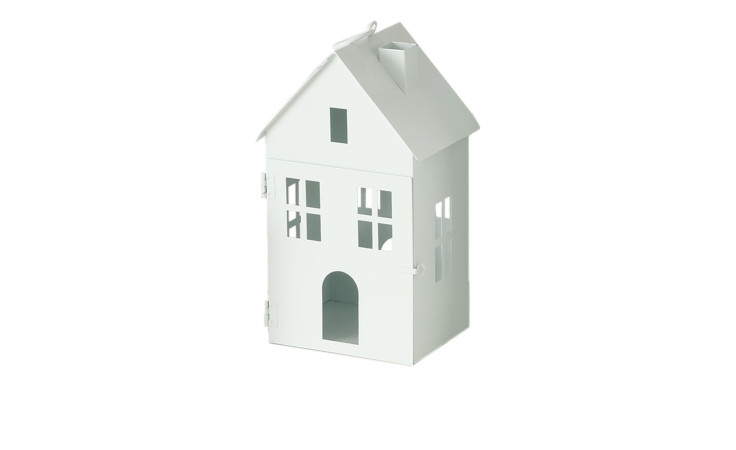 Laterne Alesund 21 cm von Boltze, Laterne aus weißem Metall mit ausgeschnittenen Fenstern, ideal für Dekorationen.