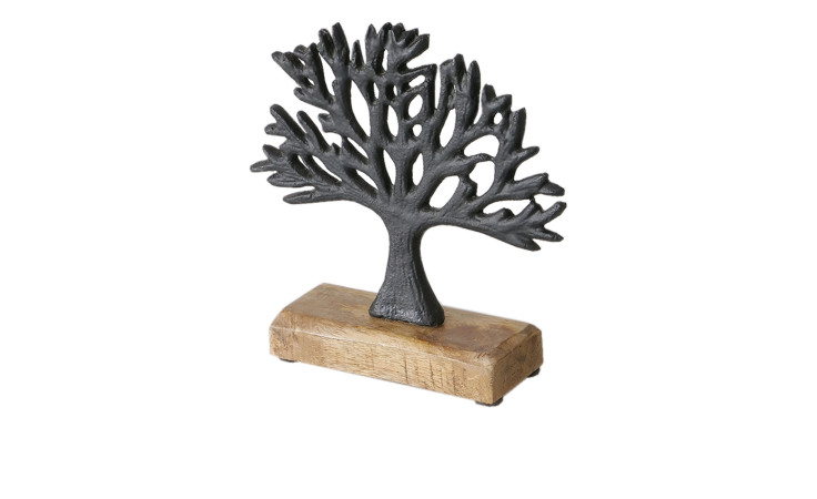 Boltze Deko-Aufsteller Lapu 18 cm Metall Baumskulptur auf einem rechteckigen Holzsockel, isoliert auf weißem Hintergrund.