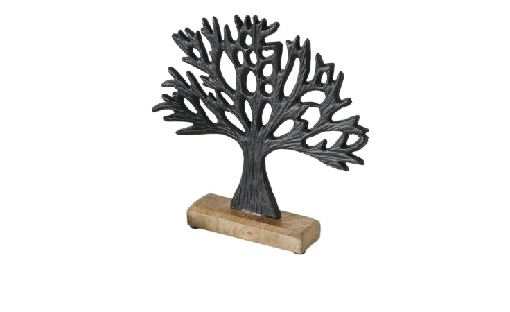 Boltze Deko-Aufsteller Lapu 26 cm: Schwarz Metall Baum-Skulptur mit offenen Zweigen auf Holzsockel, freigestellt.