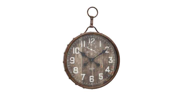 Boltze Wanduhr Isabella 48 cm: runde Wanduhr im Vintage-Stil mit kräftigen weißen Ziffern und rustikalem braunen Zifferblatt, Anzeige 10:09.