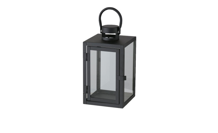 Die Laterne Arana 25 cm von Boltze ist eine schwarze Laterne aus Metall und Glas mit Henkel, ideal für eine zeitlose Dekoration.