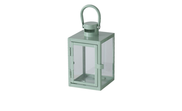 Laterne Arana 18 cm von Boltze, Metalllaterne mit Griff und Glasscheiben, auf weißem Grund.