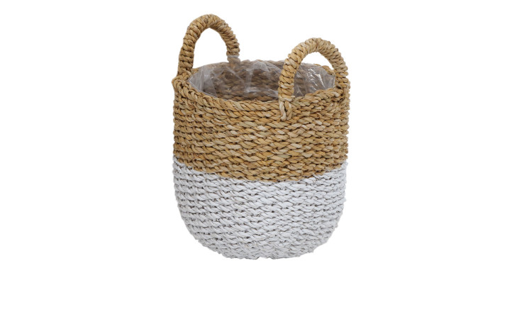 Boltze Pflanzkorb 28 cm: Seegras-Korb mit Griffen, natur-weiß, mit Folie ausgekleidet - dekorativ und praktisch.