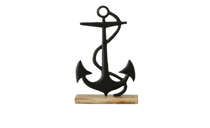 Anker Betamo 37 cm von Boltze aus Metall mit Seildetail auf Holzsockel vor weißem Hintergrund.