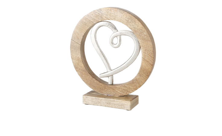 Boltze Dekoobjekt Loretja 27 cm: Holzskulptur mit silbernem Metallherz auf einem rechteckigen Holzsockel.