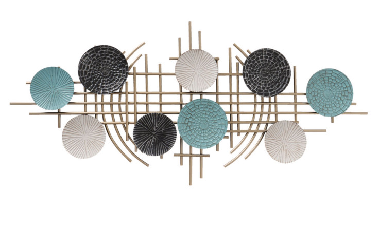 Boltze Wandobjekt Forum 100 cm: Eisen, goldene Stäbe, strukturierte Scheiben in Schwarz, Weiß & Türkis.
