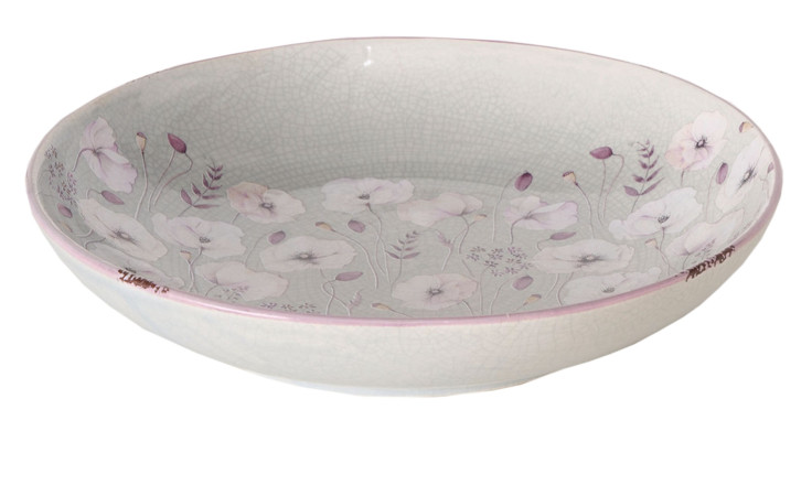 Boltze Dekoteller Sarah, 27 cm: flache Steingut-Schale mit hellviolettem Blumenmuster und zartrosa Rand auf Weiß.