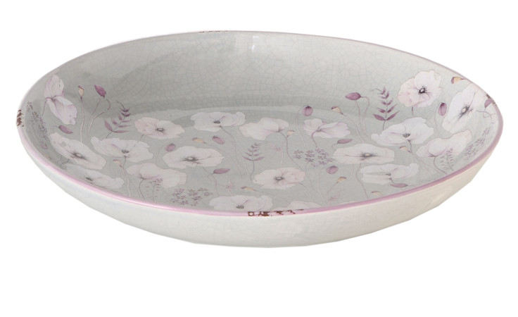 Der Boltze Dekoteller Sarah ist eine flache Steingut-Schale mit leichtem floralem Muster in Grau, 37 cm Durchmesser.