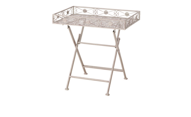 Der Boltze Tabletttisch Moria ist ein klappbarer grauer Metalltisch mit verschnörkeltem Rand und gekreuzten Beinen auf weißem Hintergrund.