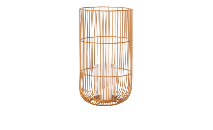 Boltze Windlicht Cindy 40 cm, zylindrisch aus Metall-Eisen & Glas, goldfarben, isoliert vor weißem Hintergrund.