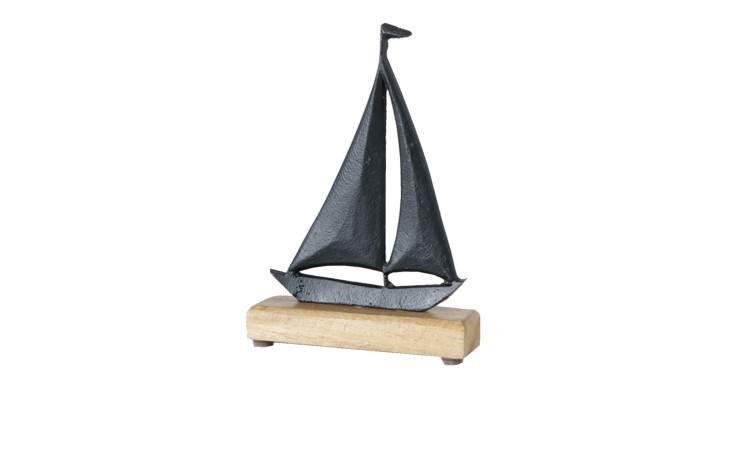 Dekoaufsteller Boot Abigail 22 cm von Boltze: Segelbootskulptur mit zwei Segeln auf Holzsockel, schwarze Akzente.