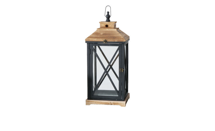 Laterne Napua 68 cm von Boltze: Laterne aus Holz und Metall mit Glaspaneelen, kreuzförmiges Design, schwarzer Griff an der Spitze.