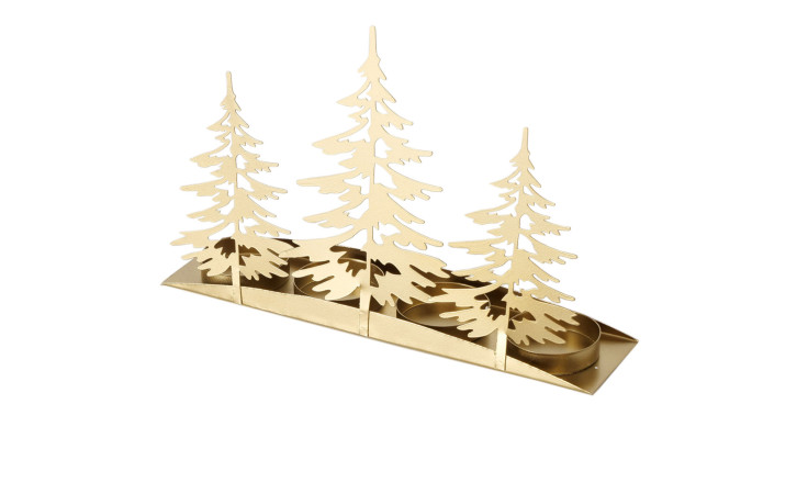 Teelichthalter 18 cm aus Eisen in gold mit drei Tannenbäume.
