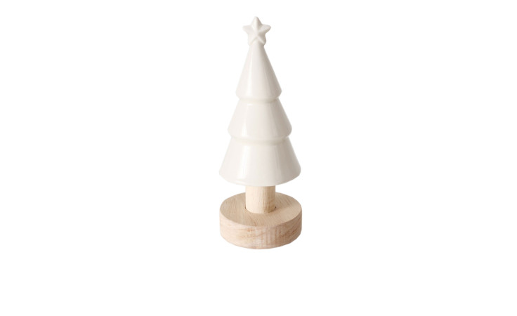 Weihnachtsbaum 15 cm mit einer weißen Keramik Tanne und einem Holzstiel.