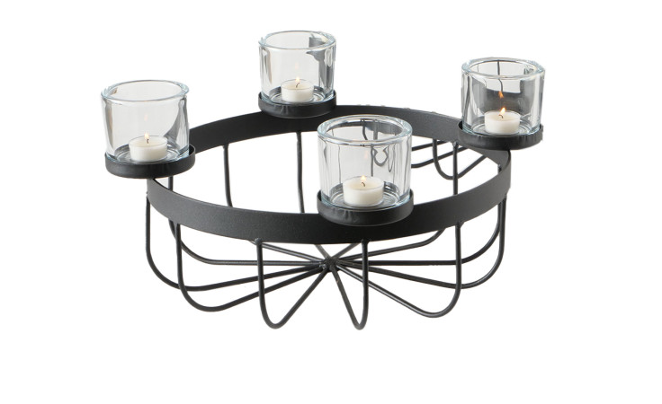 Schale 22 cm aus Eisen in schwarz mit vier Gläsern auf den Ablegn für Kerzen.