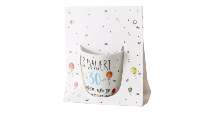 Ein Becher 330 ml Keramik Becher, Mehrfarbig, in einer weißen Geschenkbox mit Luftballons und deutschem Text zum 30. Geburtstag.