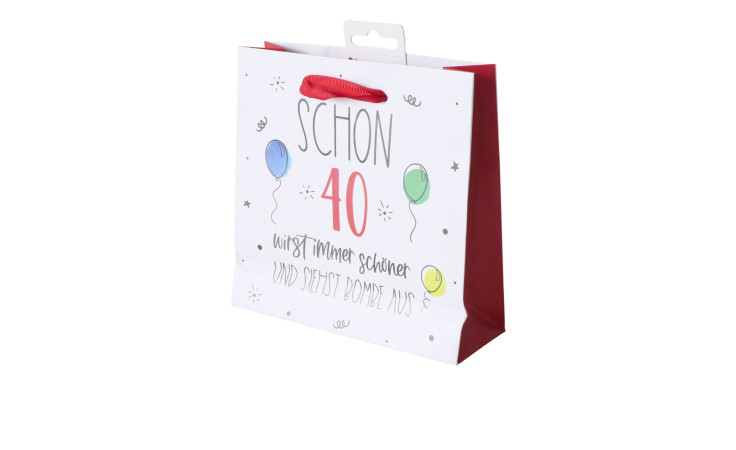 Bunte Geschenktüte 17 cm aus Papier mit Ballonmotiven und deutschem Text: Schon 40, sieht Bombe aus.