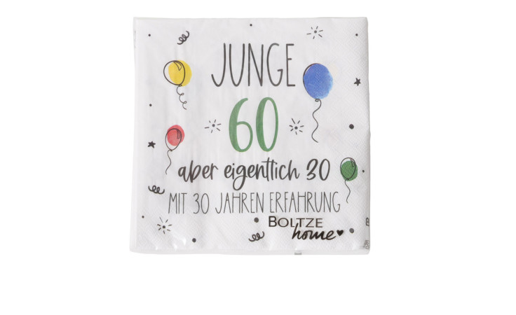 Bunte Servietten 16,5 x 16,5 cm mit Luftballons & Spruch zum 60. Geburtstag, 20-teiliges Set.