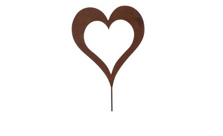 Gartenstab Rosi, brauner Metall-Herz-Gartenstab, montiert auf weißem Hintergrund.