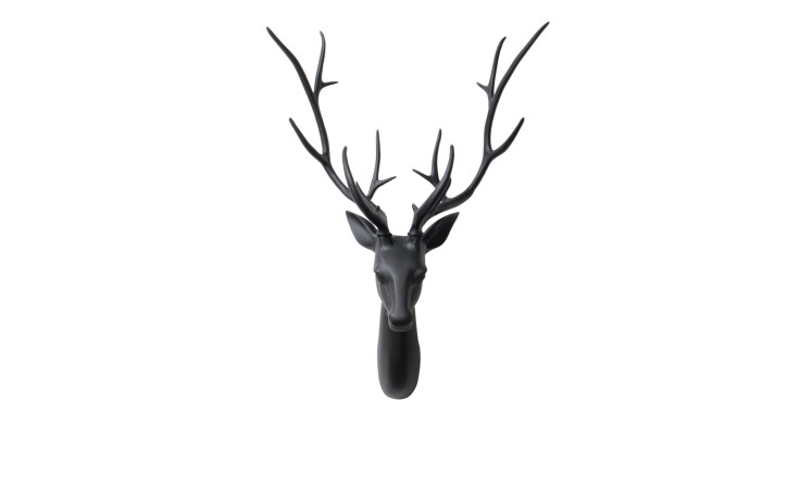 Minimalistischer Hirschkopf Jenus 98 cm, schwarz mit großen Metall-Geweihen, teilmontiert vor weißem Hintergrund.
