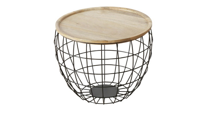 Tisch Ayris 42 cm mit Holzplatte und schwarzem Metallkorb - stilvolles Wohnaccessoire für Ihr Zuhause.