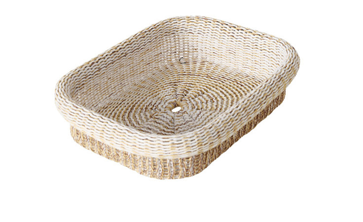 Tablett Enka Klein: Rechteckiger geflochtener Korb in Weiß Textil mit kleinem Mittelloch, perfekt für stilvolle Dekorationen.