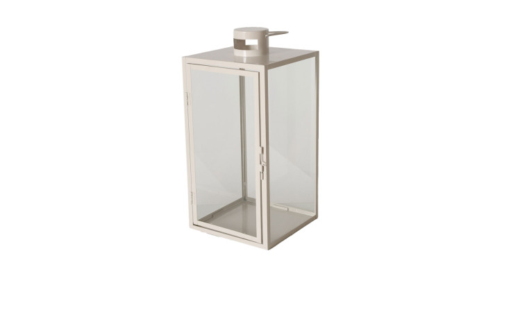 Die Laterne 14 x 25 x 14 cm, eine weiße Metall- und Glaslaterne mit Griff und offener Tür, auf weißem Hintergrund.
