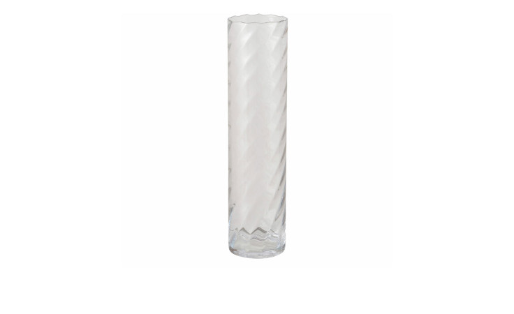 Vase Bila 60 cm: eine hohe, transparente Glasvase mit dezentem Spiralmuster auf weißem Grund.
