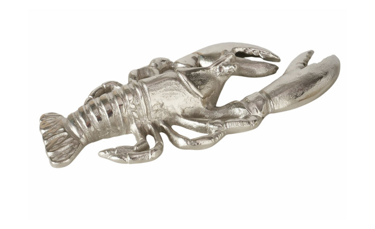 Eine silberfarbene Dekofigur Lobster aus Metall mit detaillierten Scheren, auf weißem Hintergrund präsentiert.