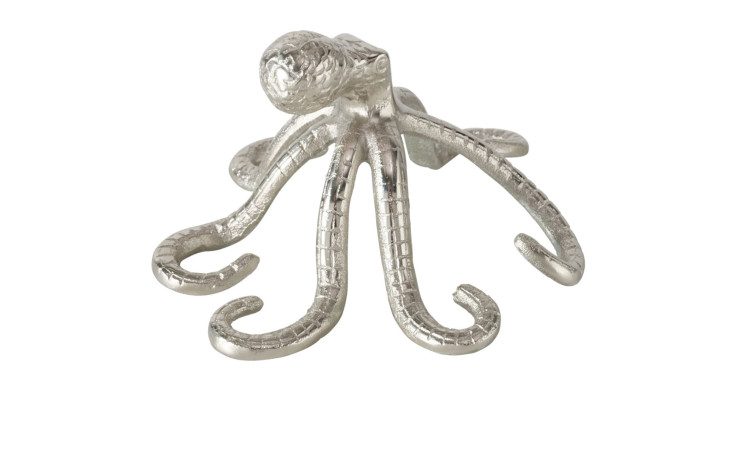 Der Tintenfisch Octo ist ein silberfarbener Metall-Krakenhaken mit gewundenen Tentakeln, ideal für einzigartige Dekorationen.