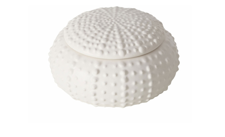 Boltze Dose Echino: Weiße, strukturierte Keramikdose mit Deckel, inspiriert von einer Seeigelschale.