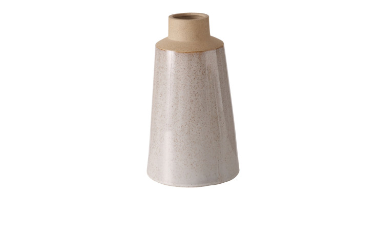 Die Vase Catrinia 28 cm ist beige mit schmalem Hals und gesprenkelter Oberfläche, abgebildet auf weißem Hintergrund.