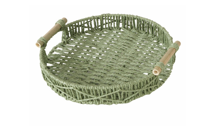 Tablett 25,5 x 7 x 26 cm in Dunkelgrün aus Naturmaterialien, rund, mit zwei Holzgriffen gegenüberliegend.