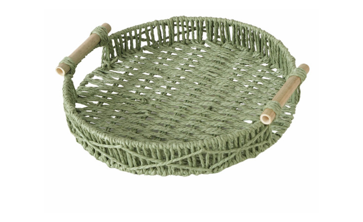 Tablett 31 x 7 x 31,5 cm in dunkelgrün mit Holzgriffen, offenem Geflecht aus Naturmaterialien und erhöhten Kanten.
