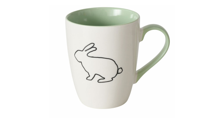 Becher Netti, weiß, mehrfarbig mit hellgrünen Akzenten und schwarzem Hasen-Umriss, Ø 8 cm.