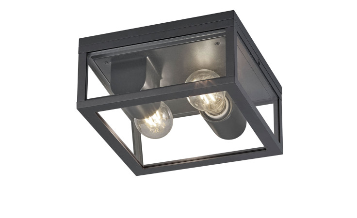 Die Trio Deckenleuchte Garonne ist eine moderne anthrazitfarbene, quadratische Unterputzleuchte mit 2 Glühbirnen und klaren Glasscheiben.