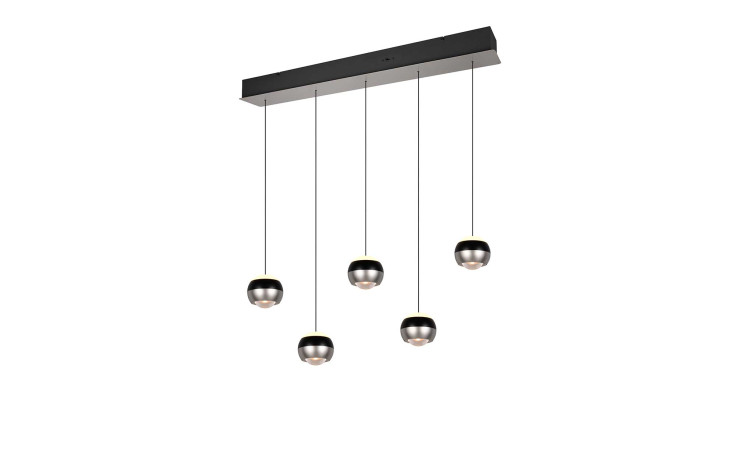 Die Trio LED-Pendelleuchte Orbit 100 cm verfügt über fünf schwarz-silberne Leuchten auf einer eleganten rechteckigen Deckenhalterung.