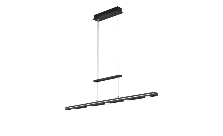 Die Trio LED-Pendelleuchte Lacal verfügt über fünf runde Leuchten, ist mattschwarz lackiert und wird inklusive Leuchtmittel geliefert.
