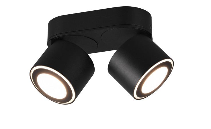 Die Trio LED-Deckenleuchte Taurus ist ein schwarzer, doppelköpfiger Deckenstrahler mit verstellbaren Leuchtmitteln, inklusive Glühbirnen.